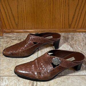 Brighton Twain Cognac Brown Leather Woven Square Toe Heeled Mules - Size 9.5